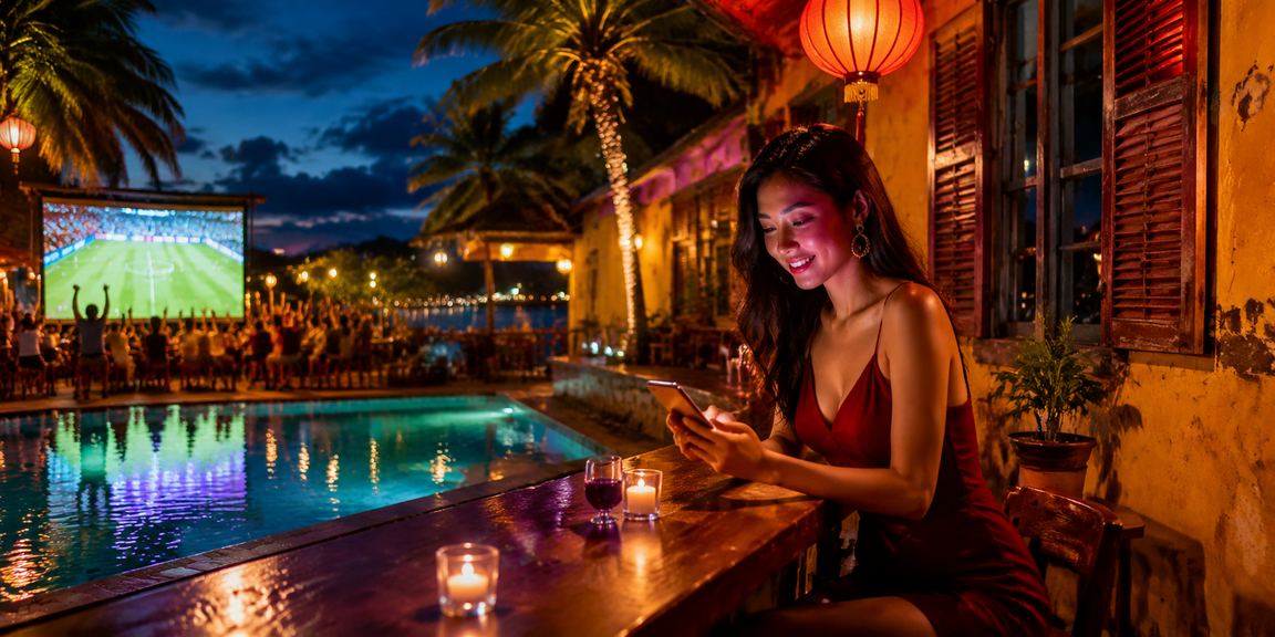 Người dùng Hội An xem sự kiện thể thao trực tuyến trên điện thoại trong không gian đêm