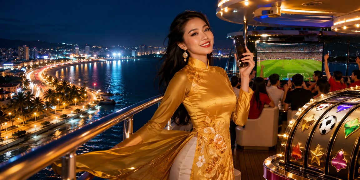 Cô gái mặc áo dài trải nghiệm slot game tại khu nghỉ dưỡng Phan Thiết